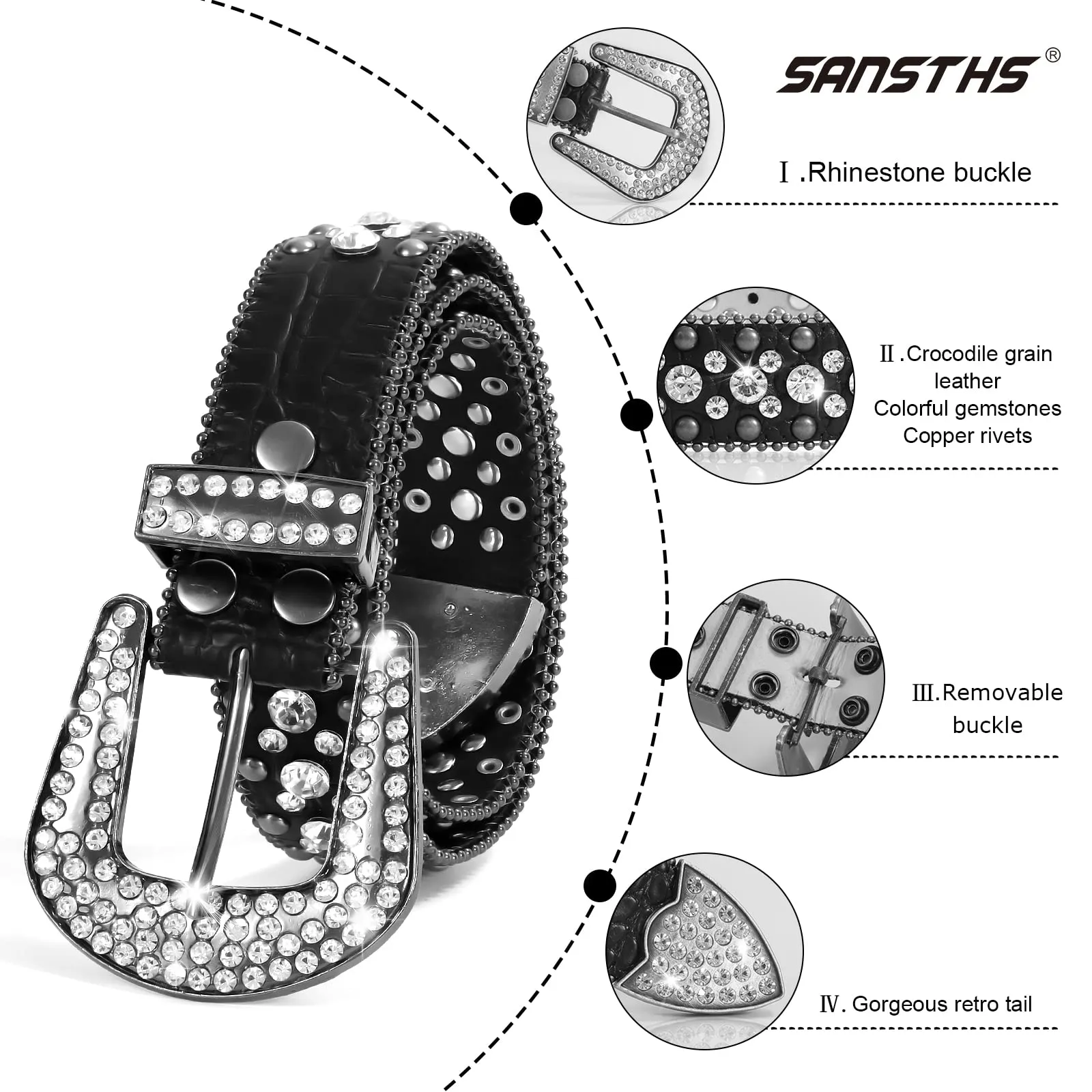 Women Rhinestone Belt for Jeans, SANSTHS Men Western Cowgirl Bling Studded Belt Faux Crocodile Grain Leather