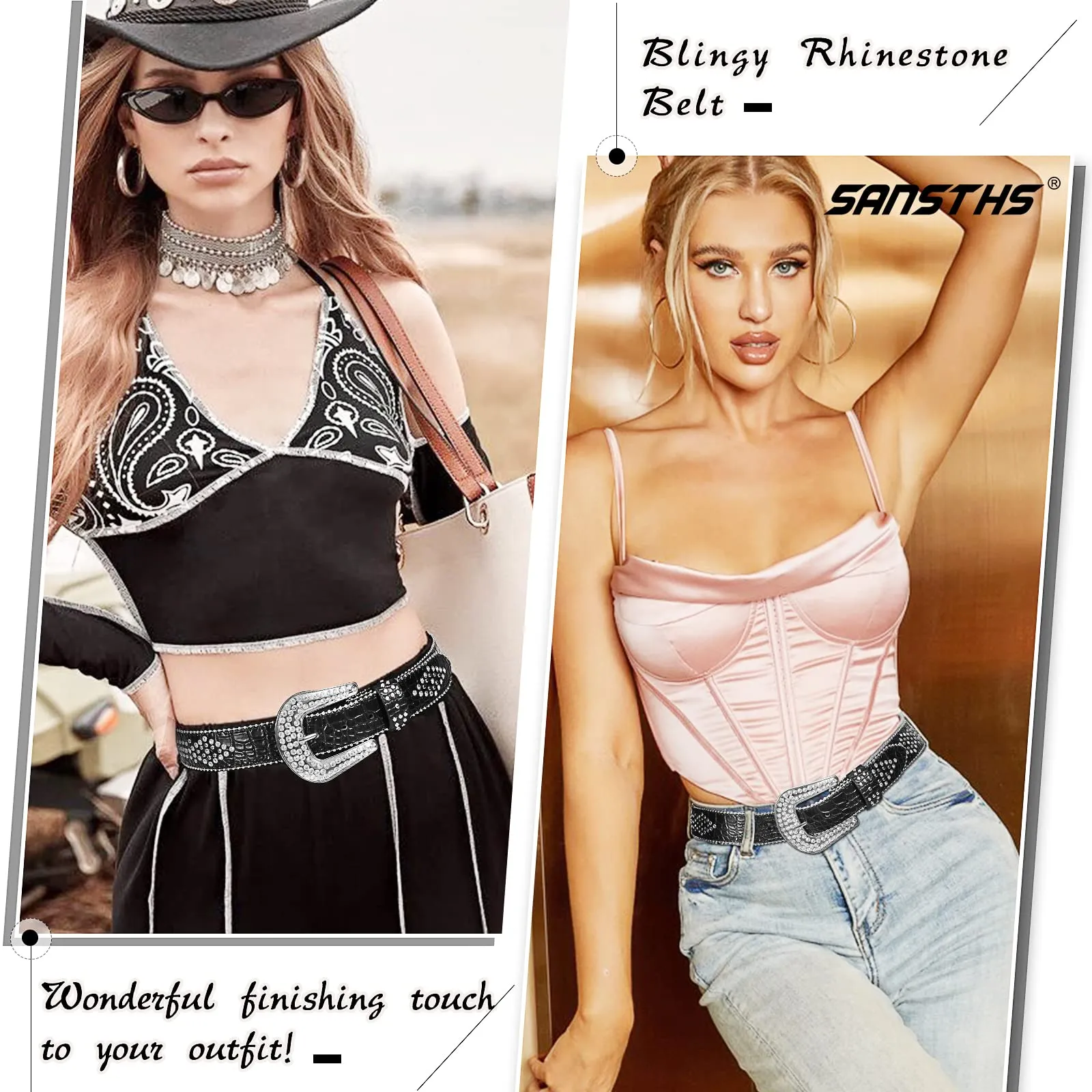 Women Rhinestone Belt for Jeans, SANSTHS Men Western Cowgirl Bling Studded Belt Faux Crocodile Grain Leather