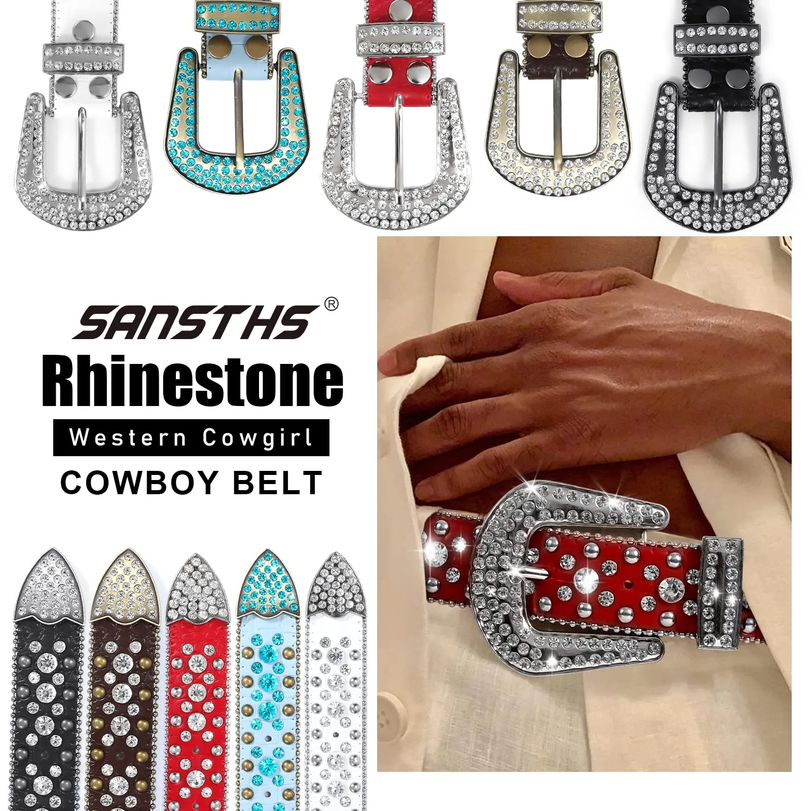 Women Rhinestone Belt for Jeans, SANSTHS Men Western Cowgirl Bling Studded Belt Faux Crocodile Grain Leather