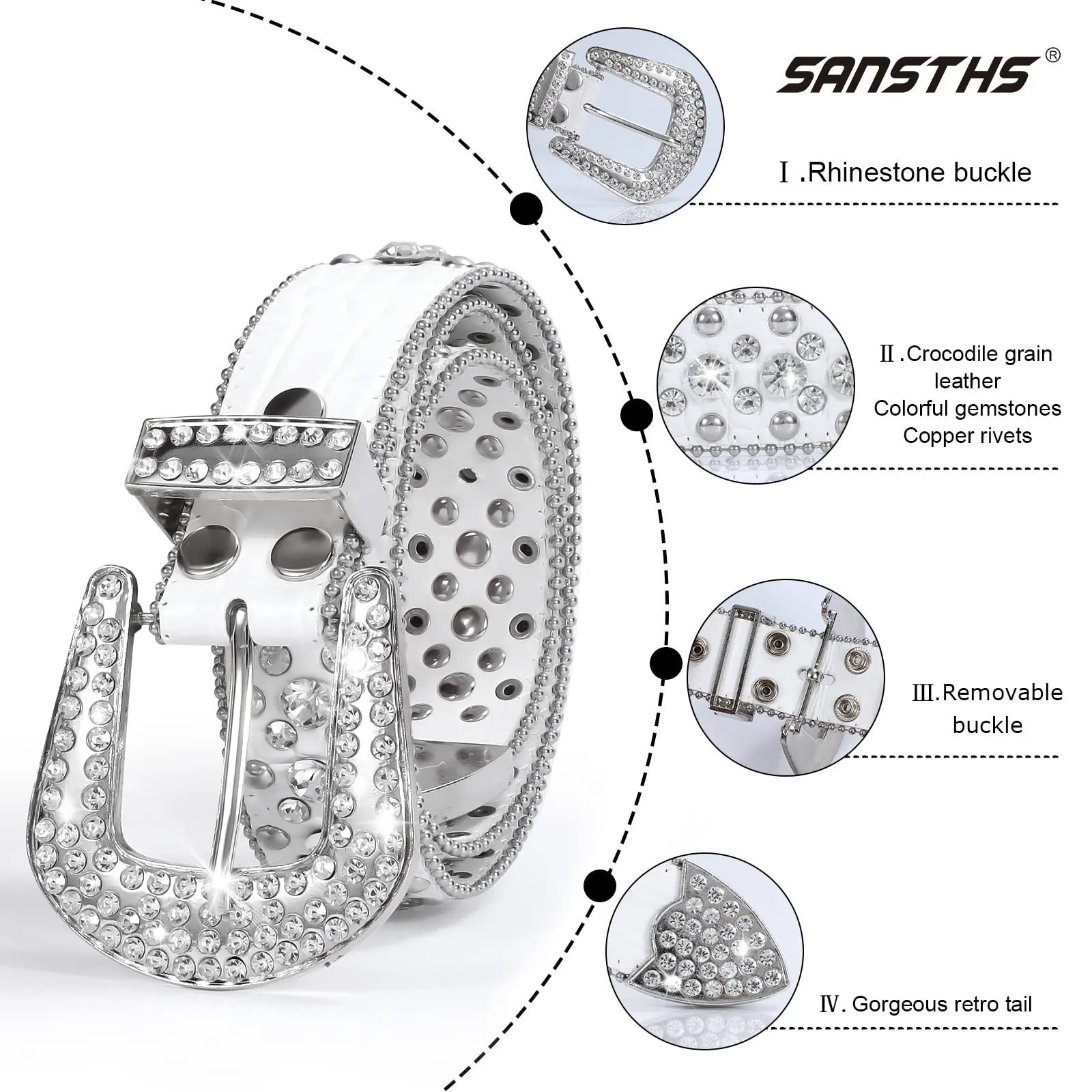Women Rhinestone Belt for Jeans, SANSTHS Men Western Cowgirl Bling Studded Belt Faux Crocodile Grain Leather