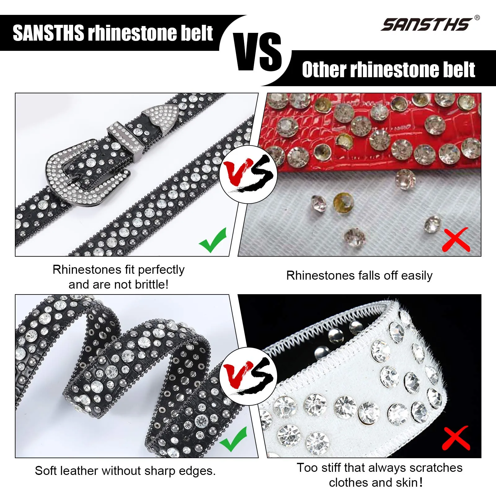 Women Rhinestone Belt for Jeans, SANSTHS Men Western Cowgirl Bling Studded Belt Faux Crocodile Grain Leather