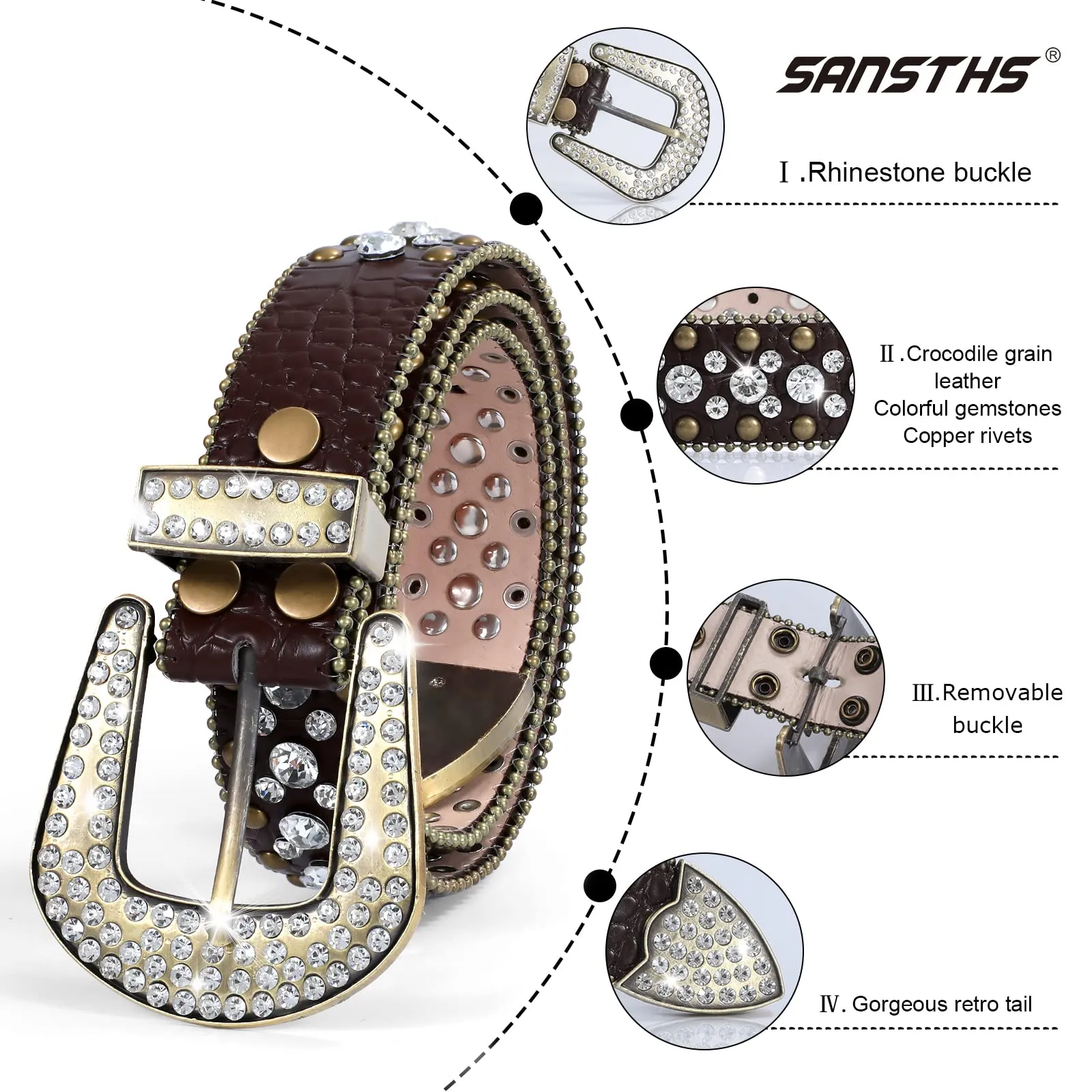 Women Rhinestone Belt for Jeans, SANSTHS Men Western Cowgirl Bling Studded Belt Faux Crocodile Grain Leather