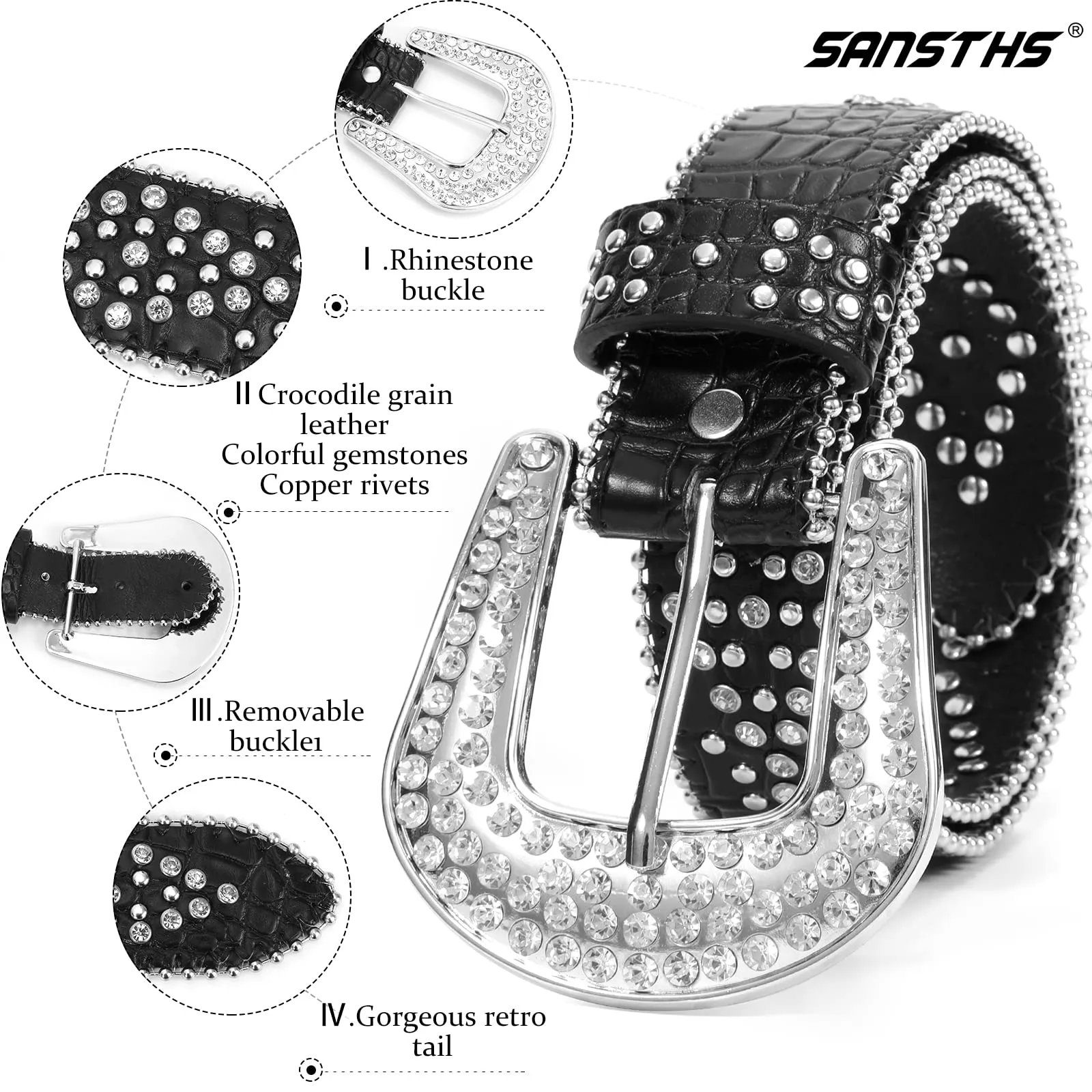 Women Rhinestone Belt for Jeans, SANSTHS Men Western Cowgirl Bling Studded Belt Faux Crocodile Grain Leather