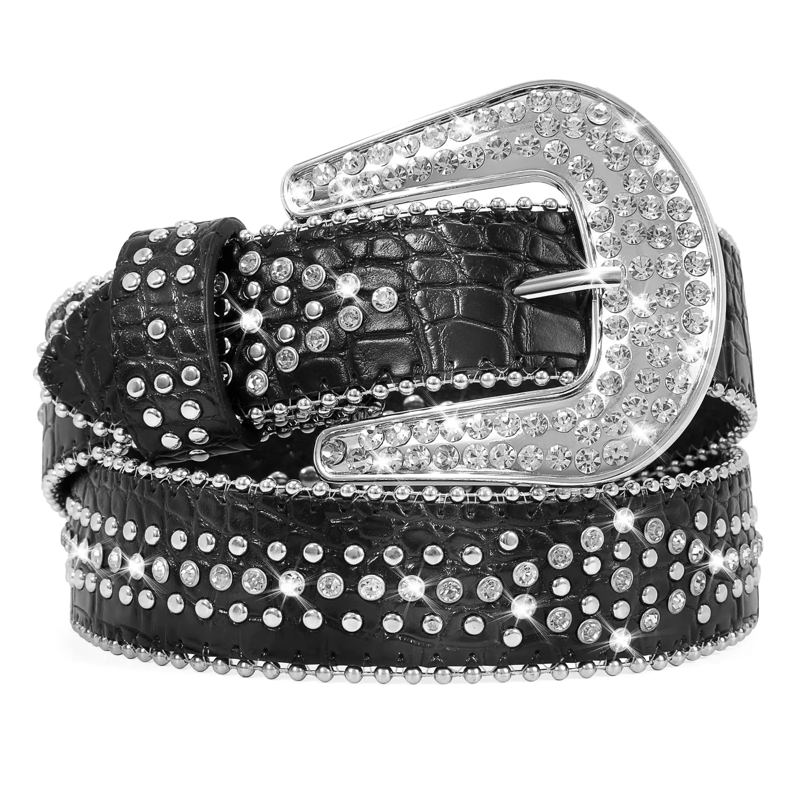 Women Rhinestone Belt for Jeans, SANSTHS Men Western Cowgirl Bling Studded Belt Faux Crocodile Grain Leather