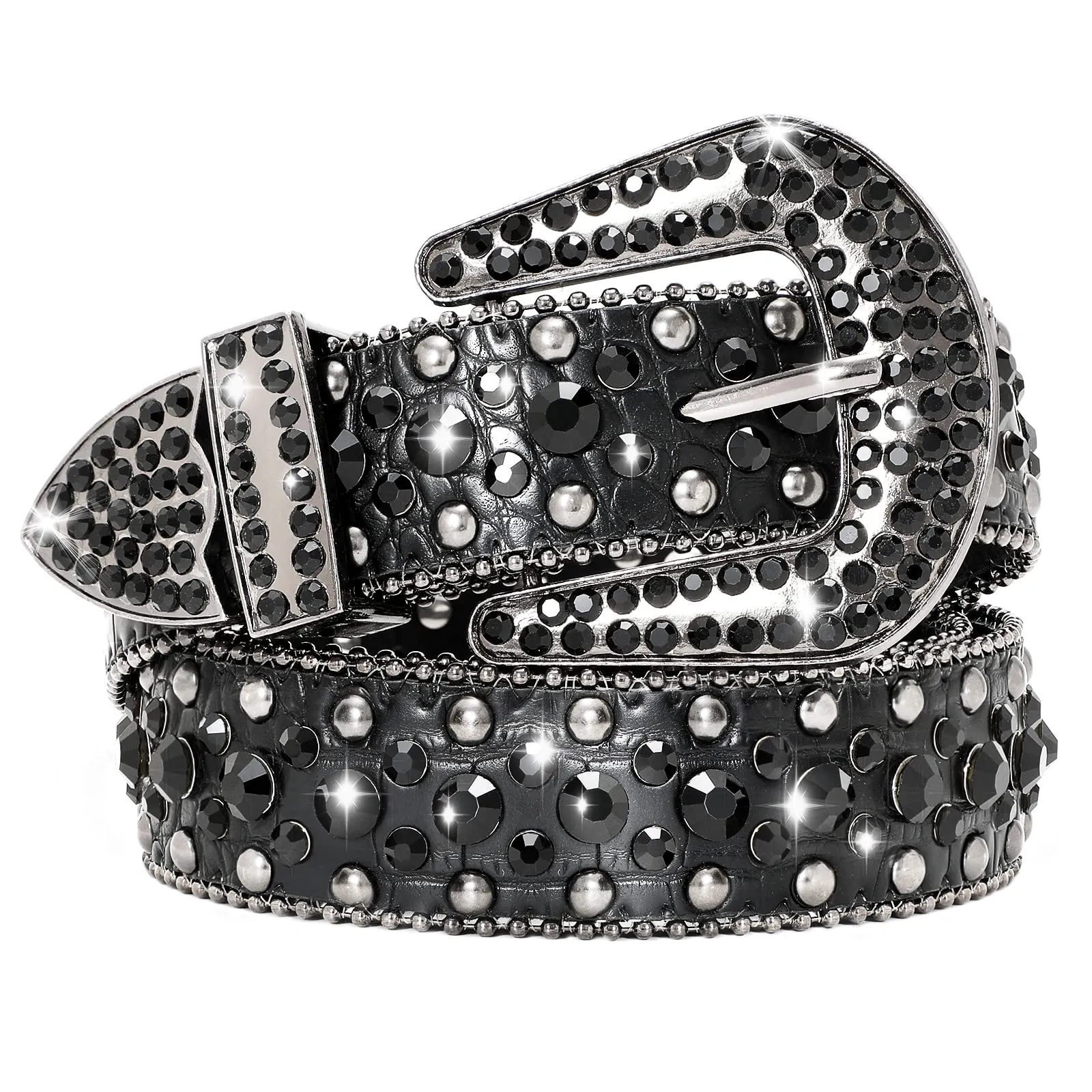Women Rhinestone Belt for Jeans, SANSTHS Men Western Cowgirl Bling Studded Belt Faux Crocodile Grain Leather