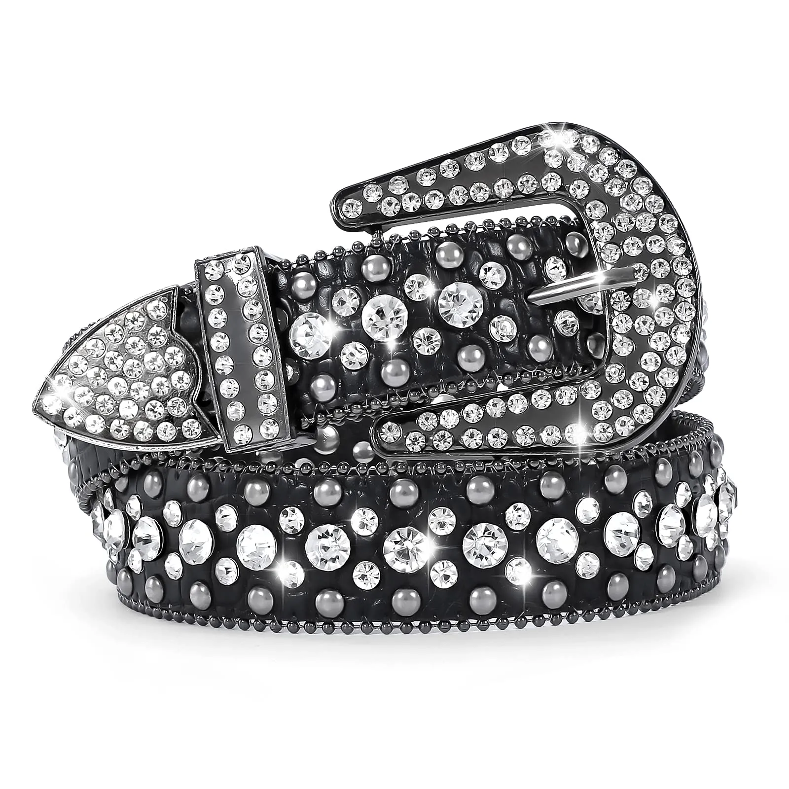 Women Rhinestone Belt for Jeans, SANSTHS Men Western Cowgirl Bling Studded Belt Faux Crocodile Grain Leather