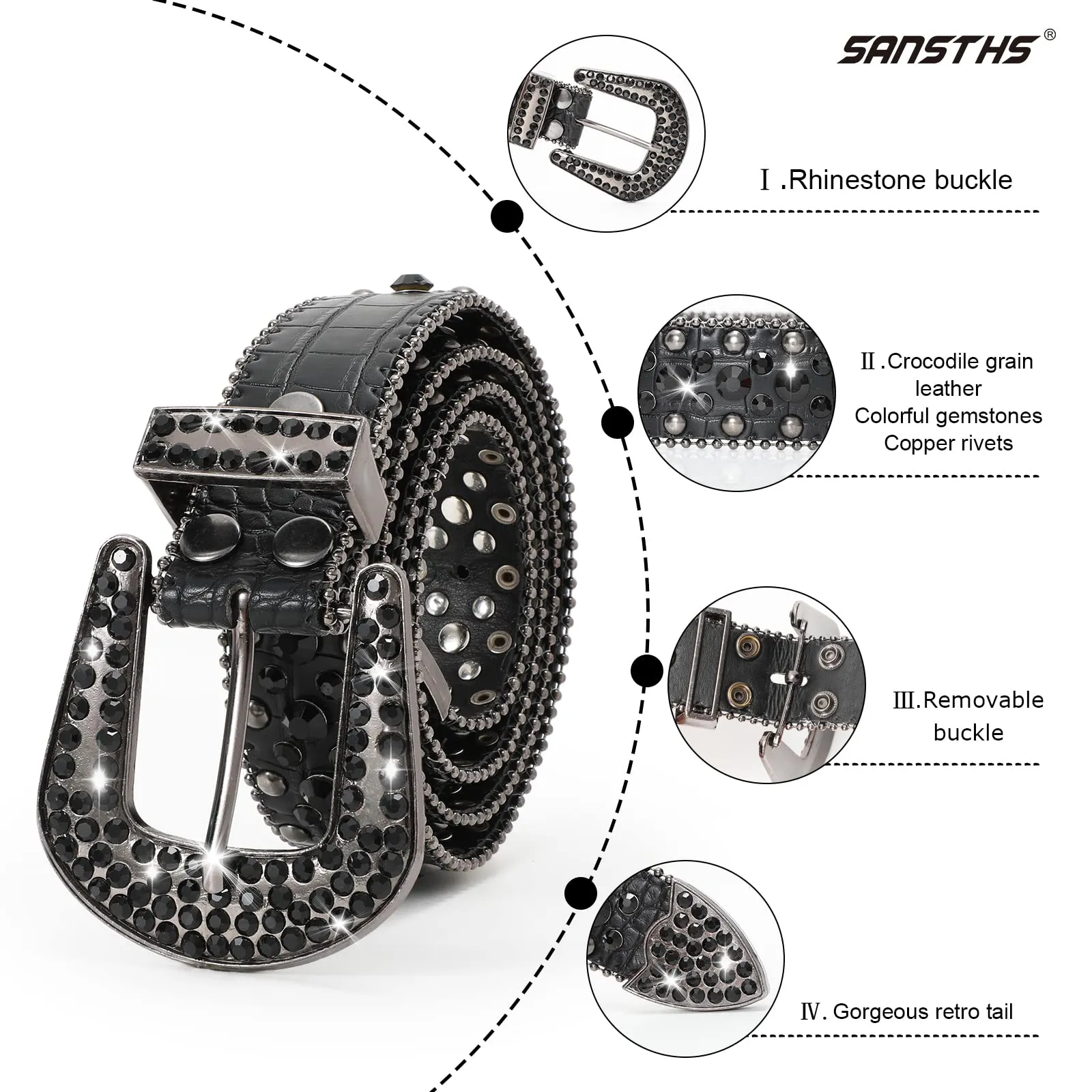 Women Rhinestone Belt for Jeans, SANSTHS Men Western Cowgirl Bling Studded Belt Faux Crocodile Grain Leather