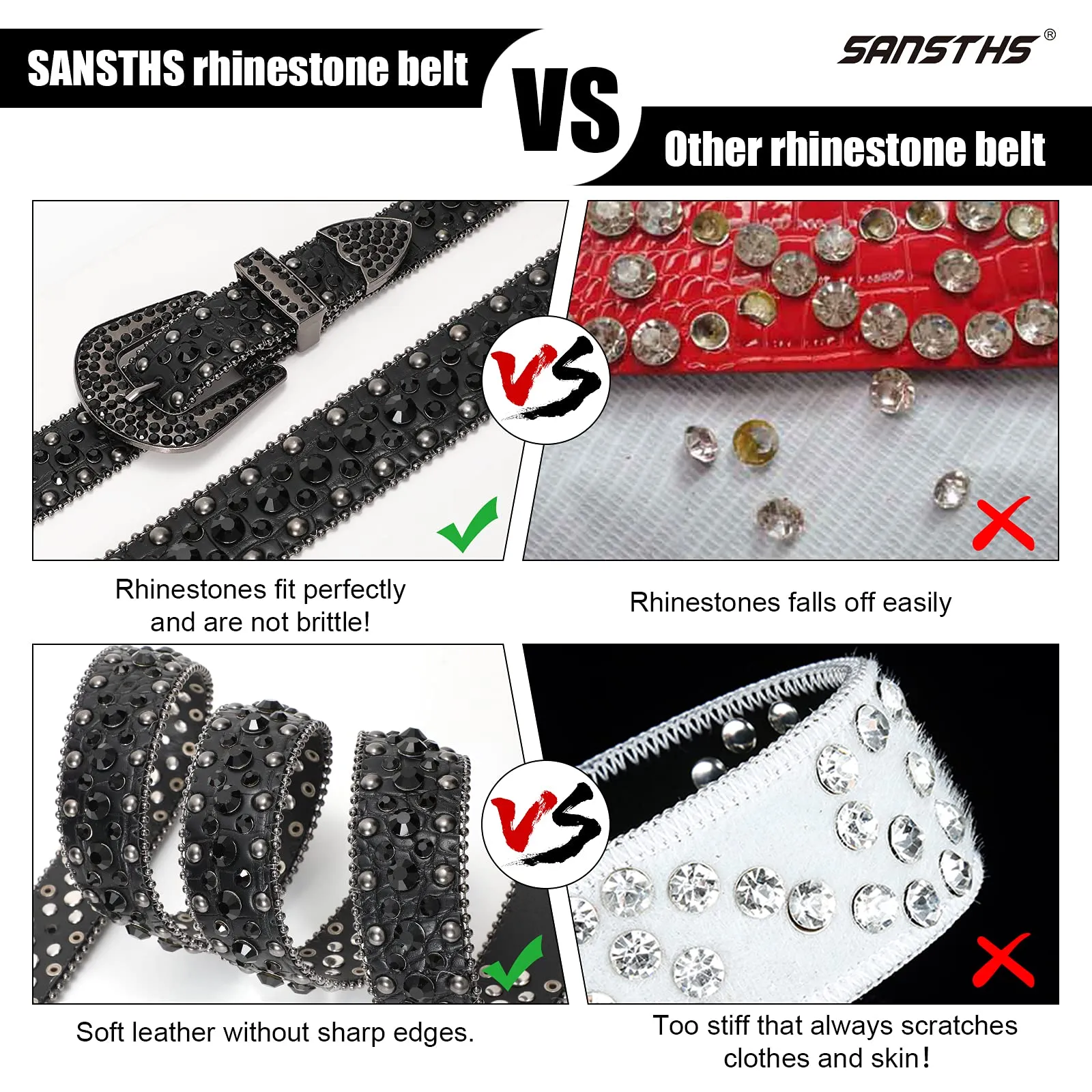 Women Rhinestone Belt for Jeans, SANSTHS Men Western Cowgirl Bling Studded Belt Faux Crocodile Grain Leather