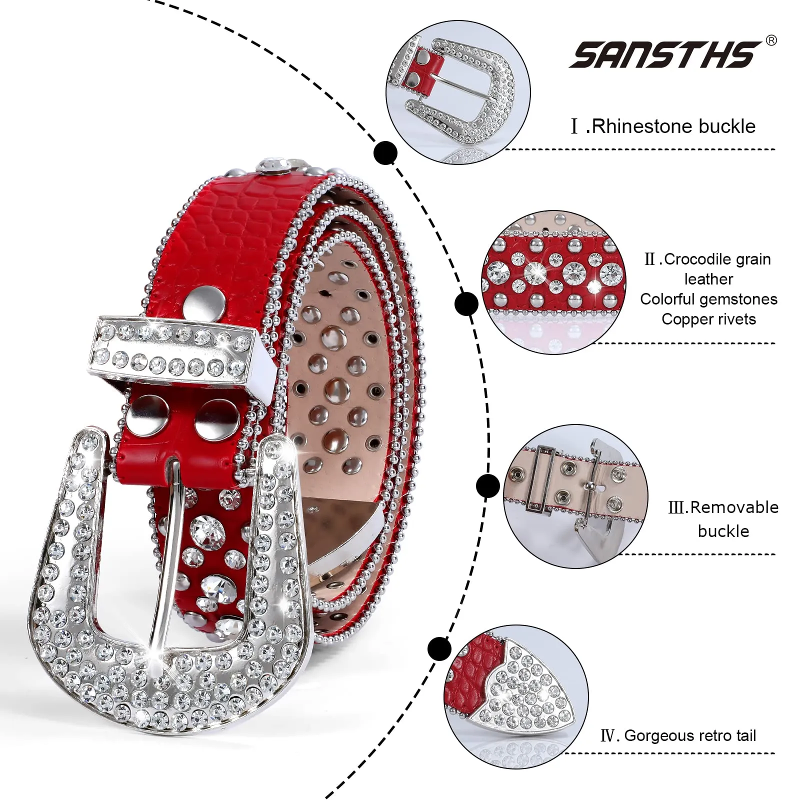 Women Rhinestone Belt for Jeans, SANSTHS Men Western Cowgirl Bling Studded Belt Faux Crocodile Grain Leather