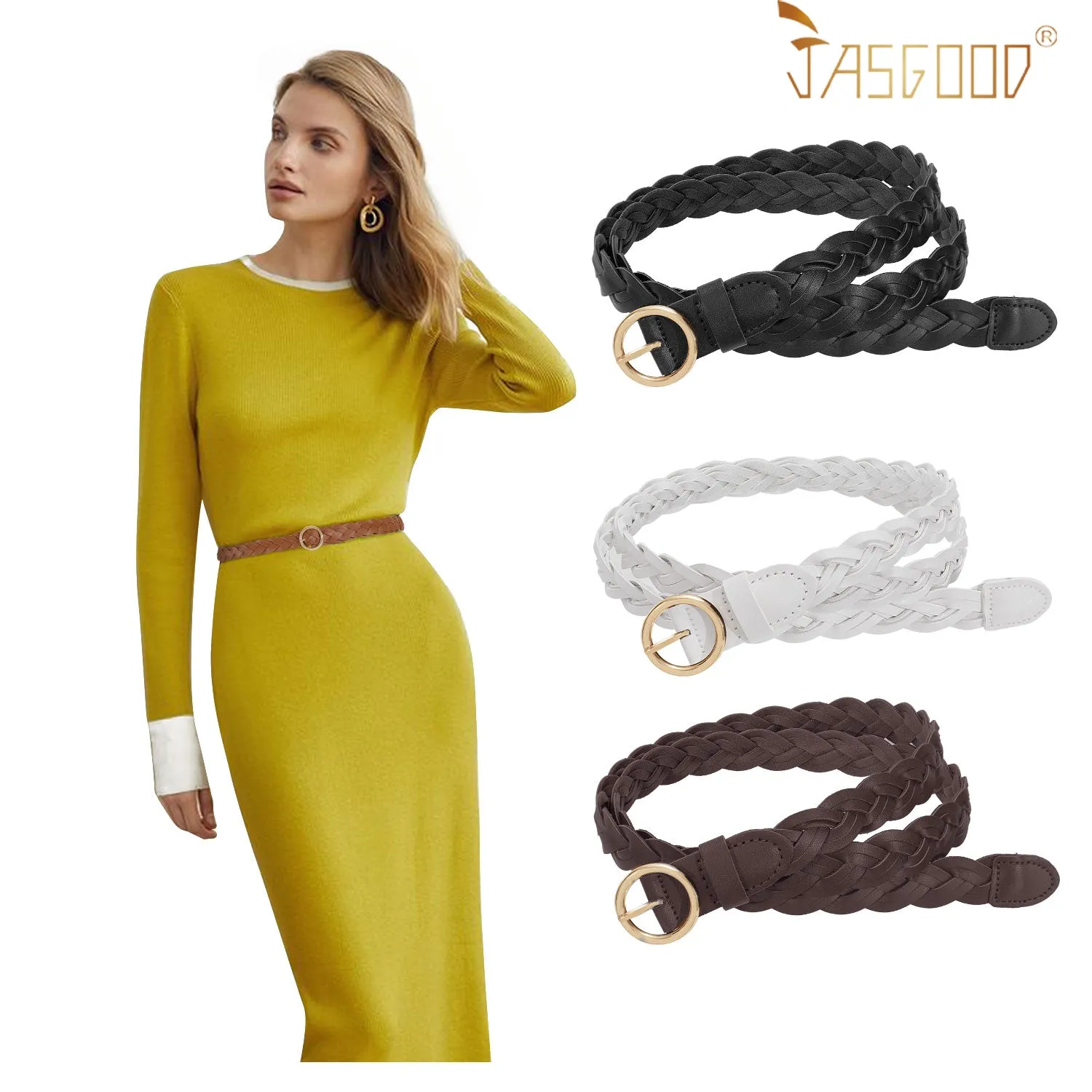 Women Skinny Braided Leather Belt Thin Woven Waist Belt For Dress