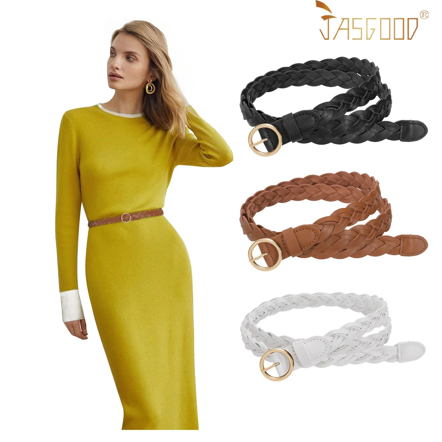 Women Skinny Braided Leather Belt Thin Woven Waist Belt For Dress