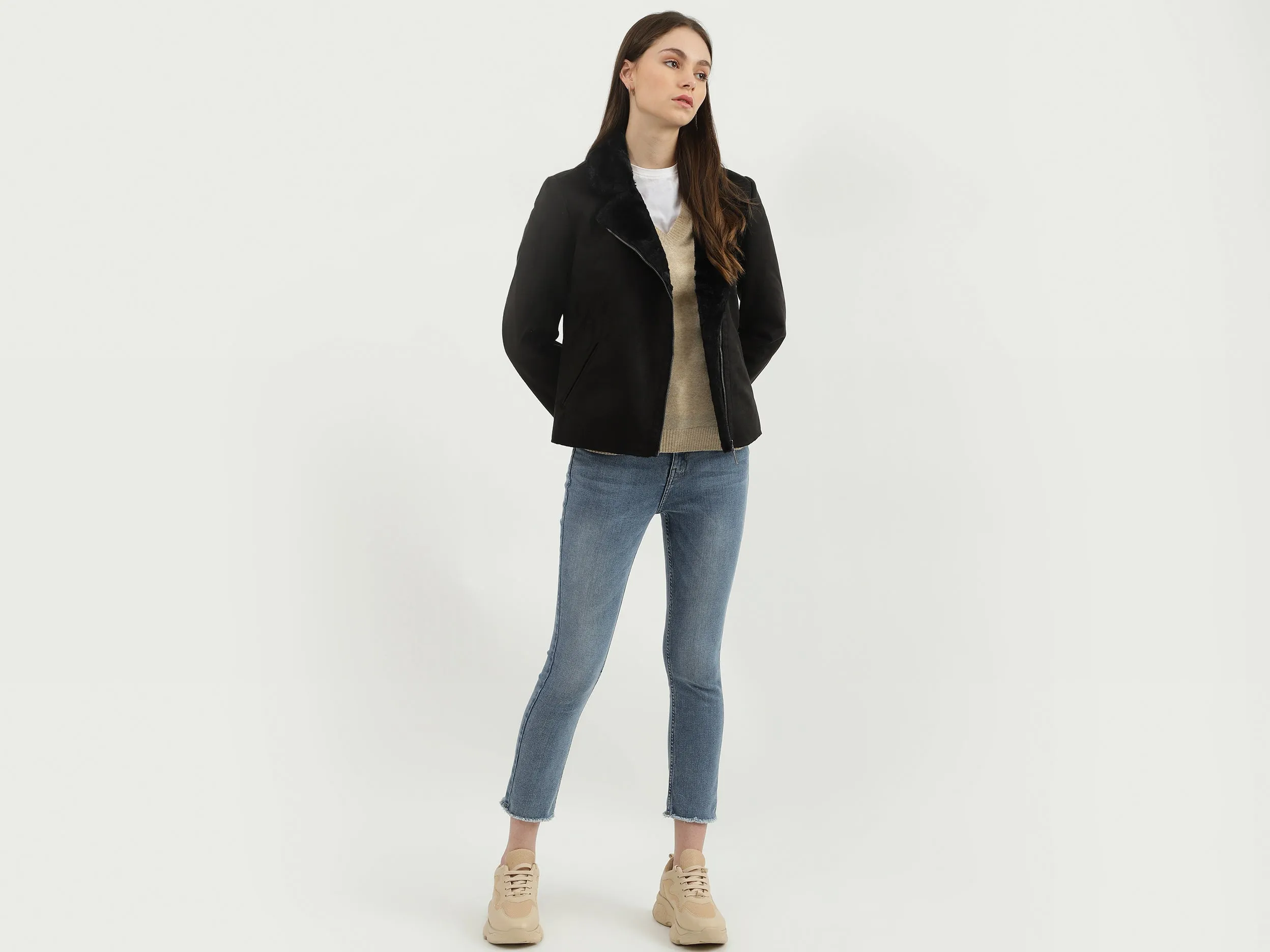Women Solid Shirt Collar Jacket