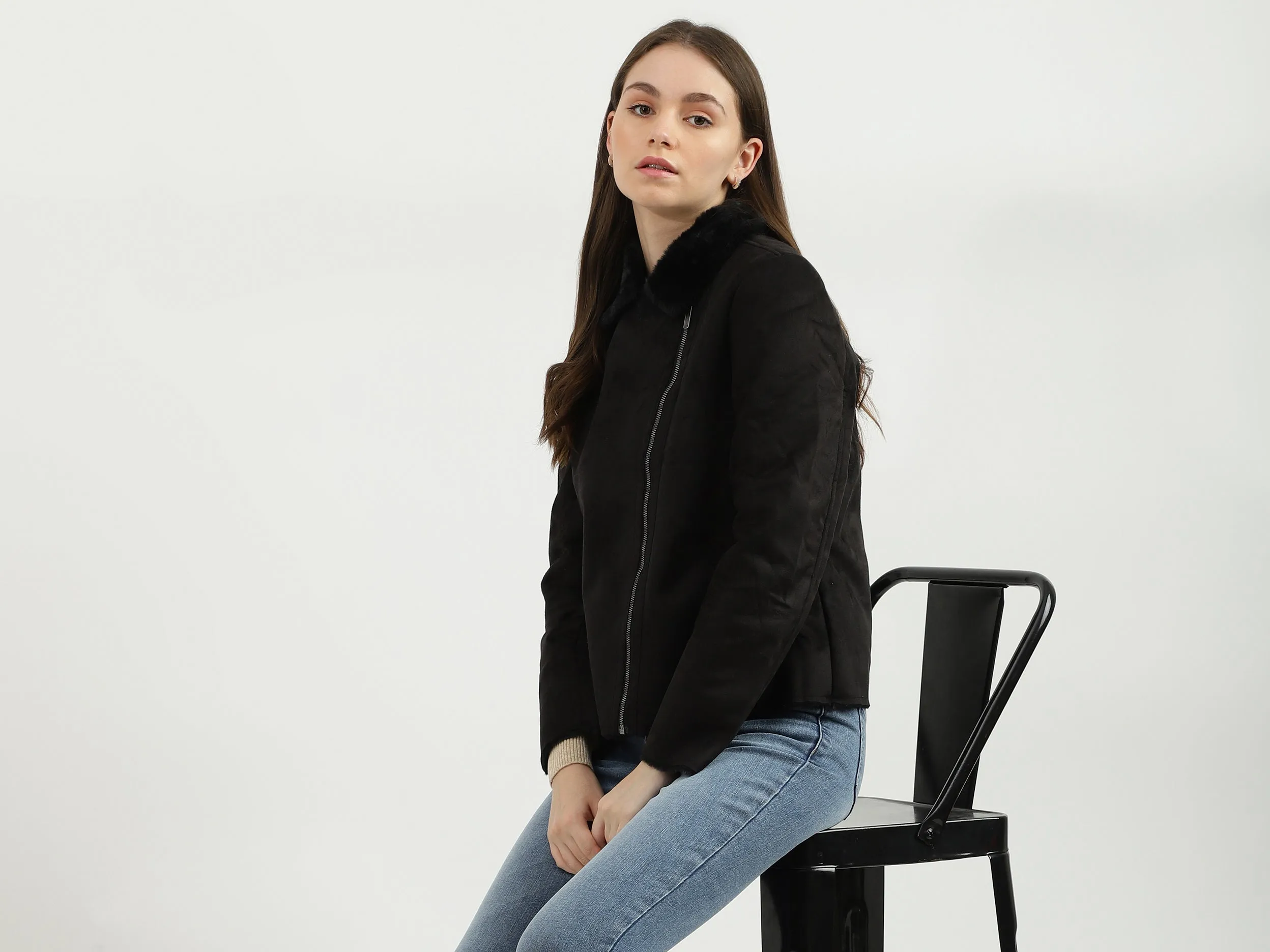 Women Solid Shirt Collar Jacket