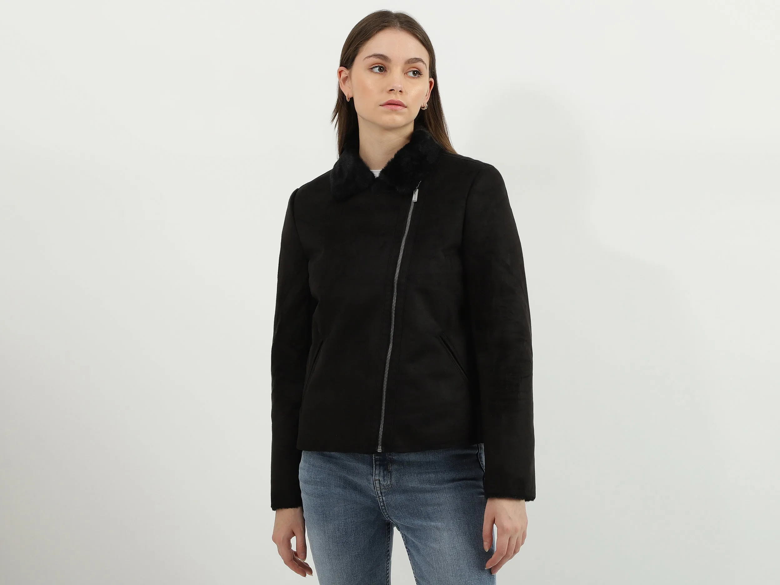 Women Solid Shirt Collar Jacket