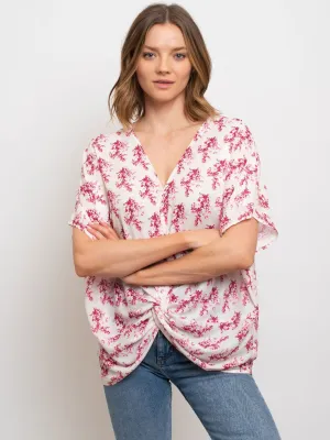 WOMEN'S 3/4 SLEEVE FLORAL FRONT TWIST TOP