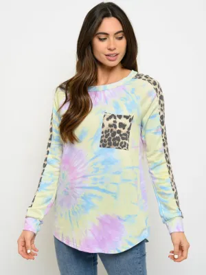 WOMEN'S CONTRAST ANIMAL PRINT TIE DYE LONG SLEEVE TOP