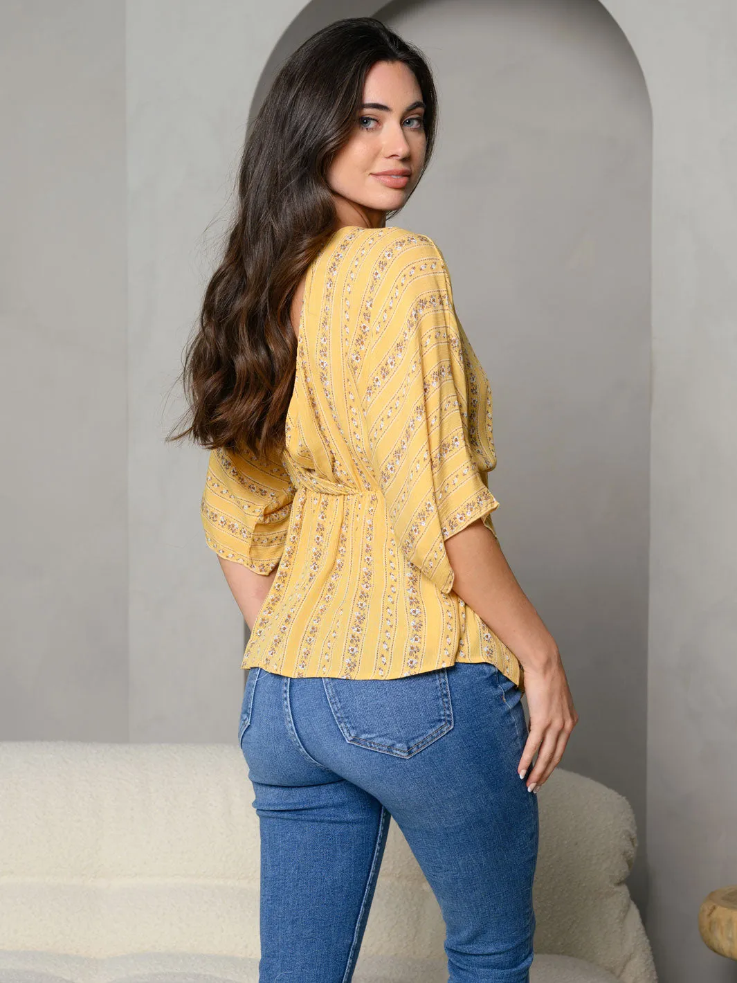 WOMEN'S DITSY FLORAL PRINT TIE FRONT EMPIRE WAIST BABY DOLL TOP