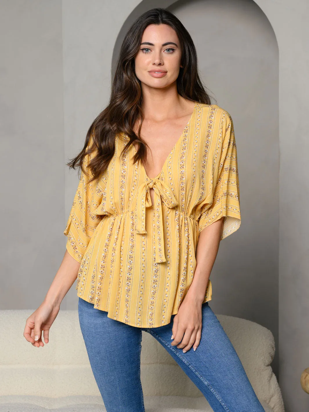 WOMEN'S DITSY FLORAL PRINT TIE FRONT EMPIRE WAIST BABY DOLL TOP