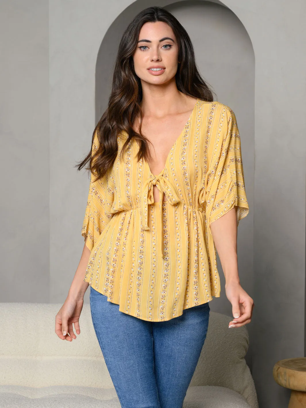 WOMEN'S DITSY FLORAL PRINT TIE FRONT EMPIRE WAIST BABY DOLL TOP