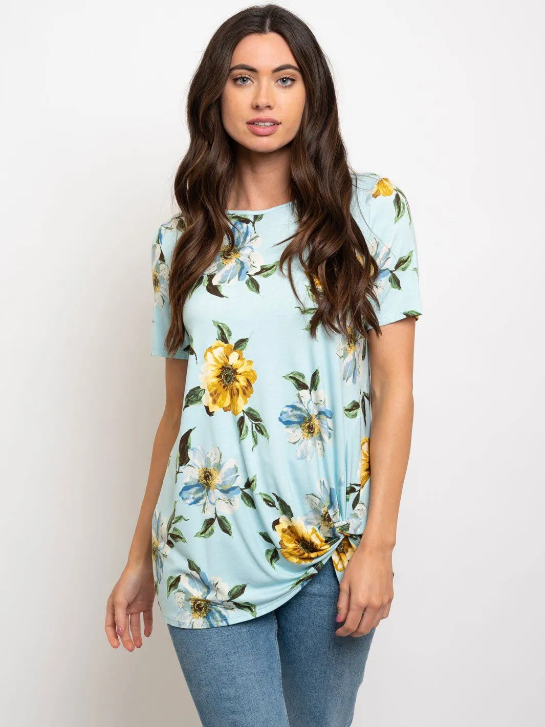 WOMEN'S FLORAL FRONT KNOT TUNIC TOP