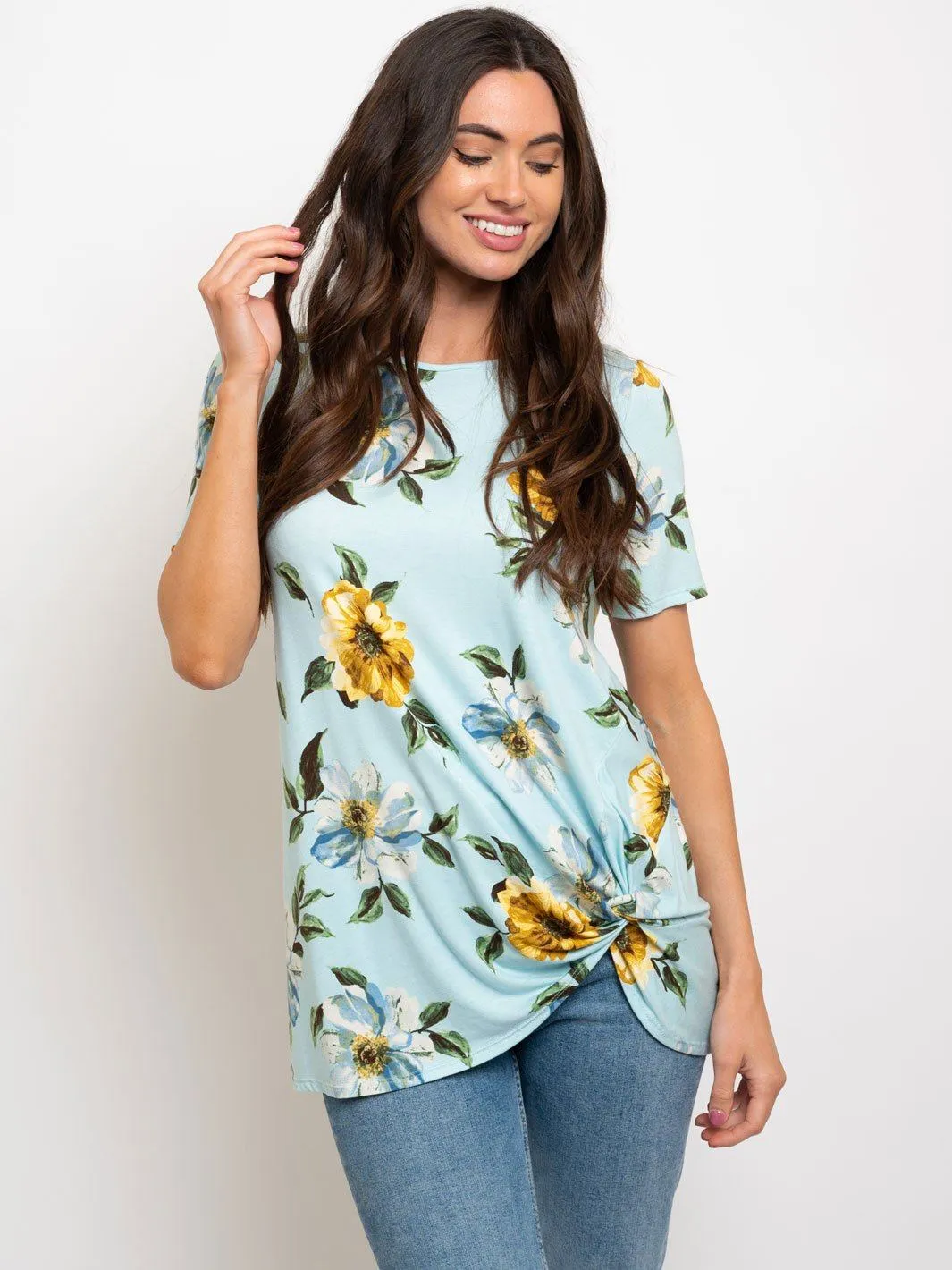 WOMEN'S FLORAL FRONT KNOT TUNIC TOP