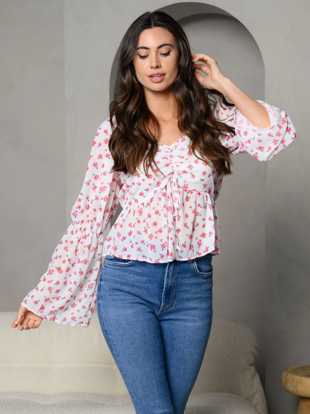 WOMEN'S LONG BELL SLEEVE FRONT RUCHING FLORAL TOP