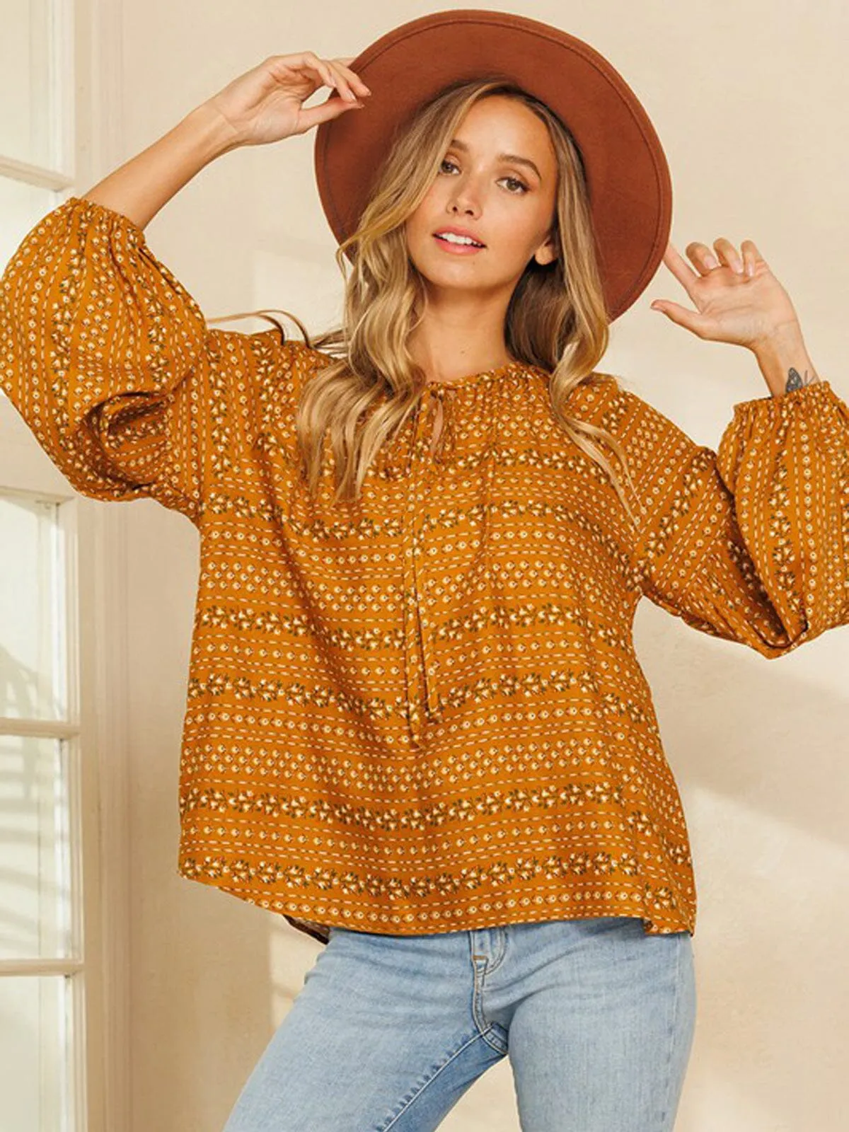 WOMEN'S LONG PUFF SLEEVE FRONT TIE FLORAL TOP