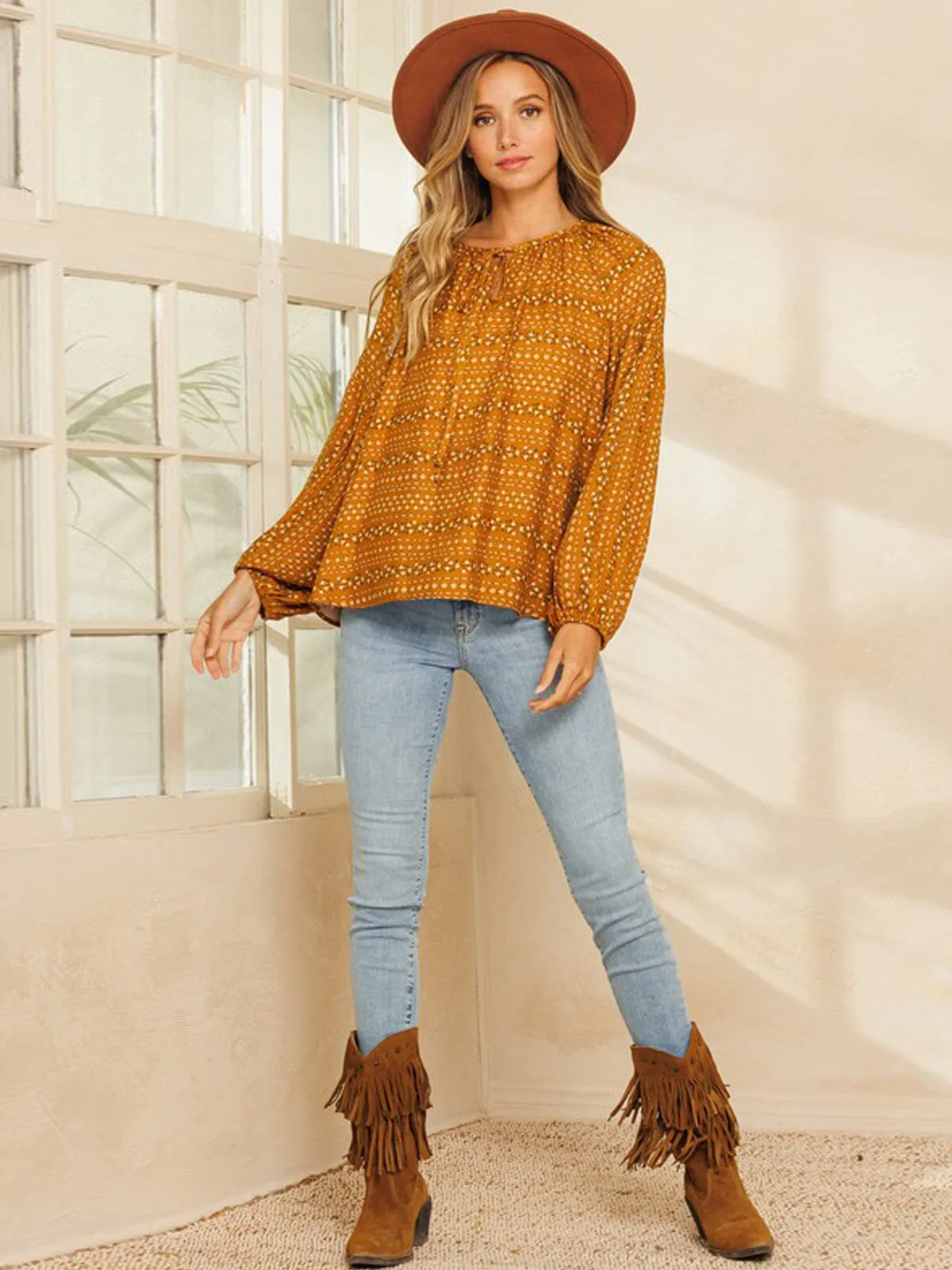 WOMEN'S LONG PUFF SLEEVE FRONT TIE FLORAL TOP