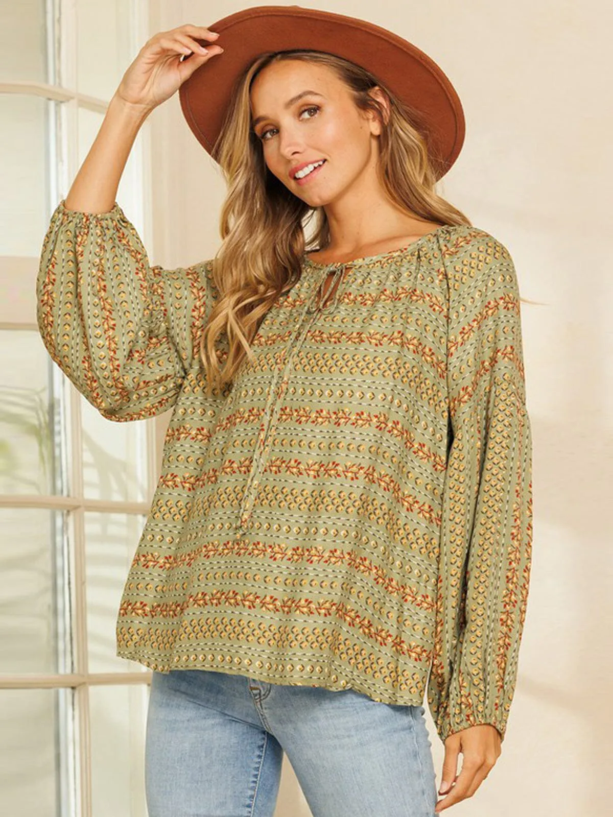WOMEN'S LONG PUFF SLEEVE FRONT TIE FLORAL TOP