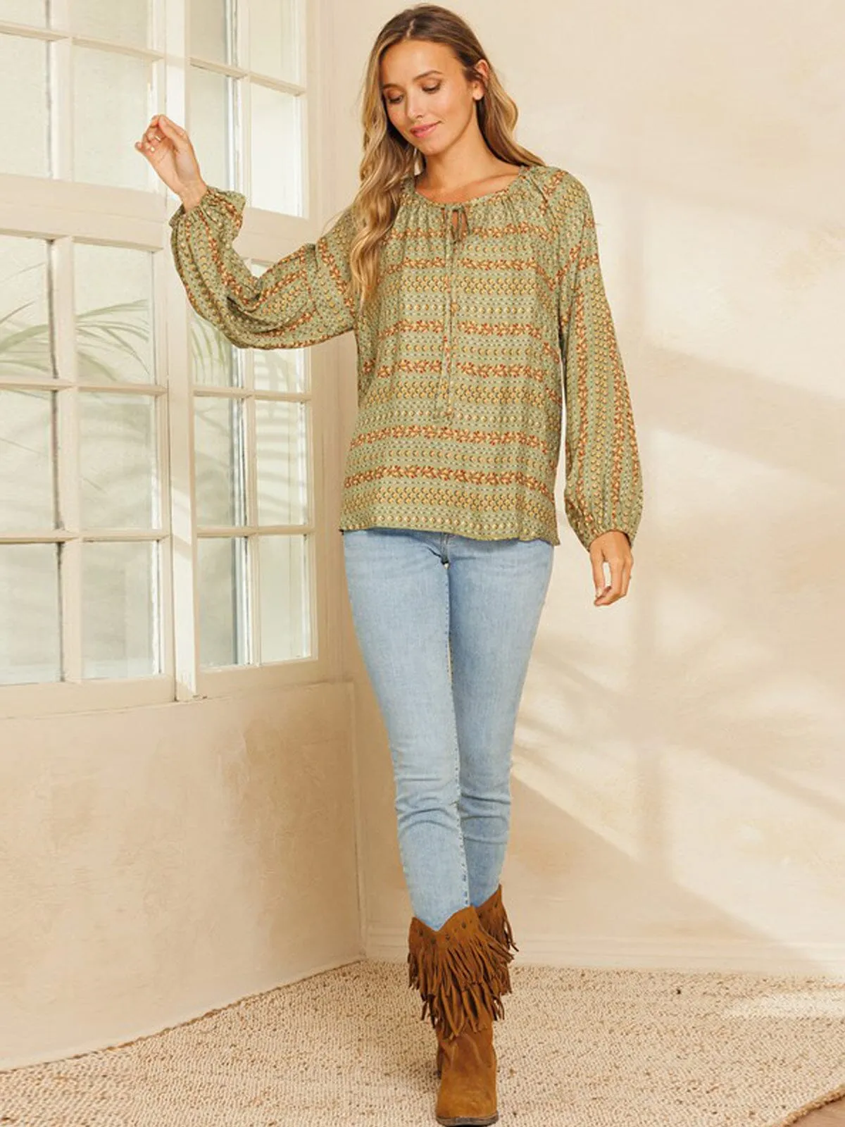 WOMEN'S LONG PUFF SLEEVE FRONT TIE FLORAL TOP