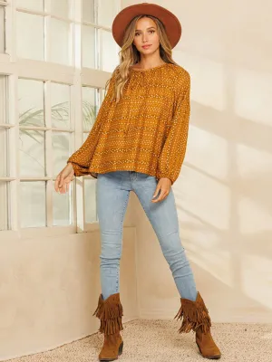 WOMEN'S LONG PUFF SLEEVE FRONT TIE FLORAL TOP