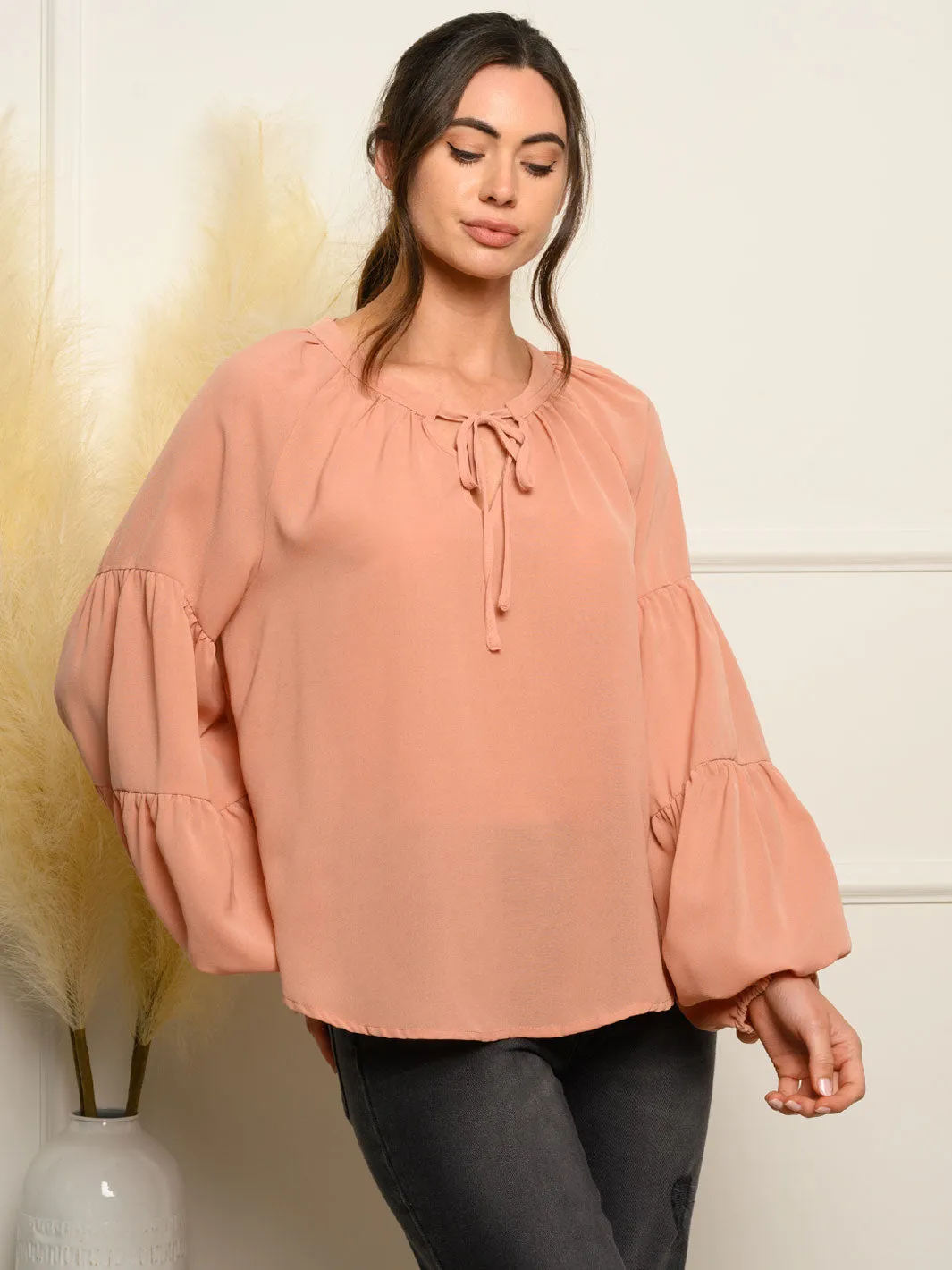 WOMEN'S LONG PUFF SLEEVE FRONT TIE TOP