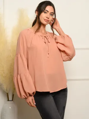 WOMEN'S LONG PUFF SLEEVE FRONT TIE TOP