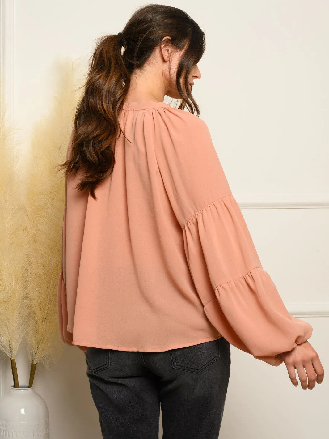 WOMEN'S LONG PUFF SLEEVE FRONT TIE TOP
