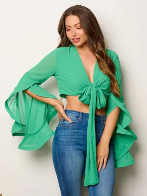 WOMEN'S LONG RUFFLE SLEEVE FRONT TIE CROP TOP