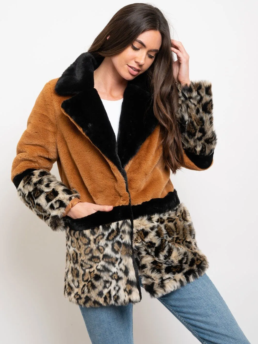 WOMEN'S LONG SLEEVE ANIMAL PRINT FAUX FUR COAT