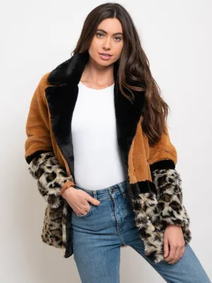 WOMEN'S LONG SLEEVE ANIMAL PRINT FAUX FUR COAT