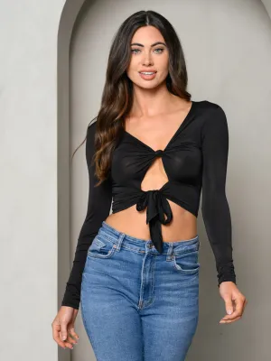 WOMEN'S LONG SLEEVE FRONT TIE AND TWIST CROP TOP