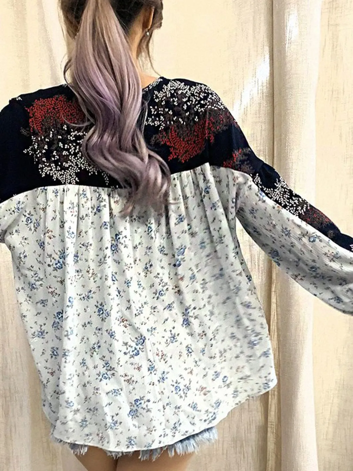 WOMEN'S LONG SLEEVE FRONT TIE FLORAL TUNIC TOP