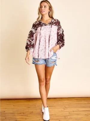 WOMEN'S LONG SLEEVE FRONT TIE FLORAL TUNIC TOP