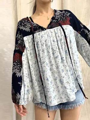 WOMEN'S LONG SLEEVE FRONT TIE FLORAL TUNIC TOP