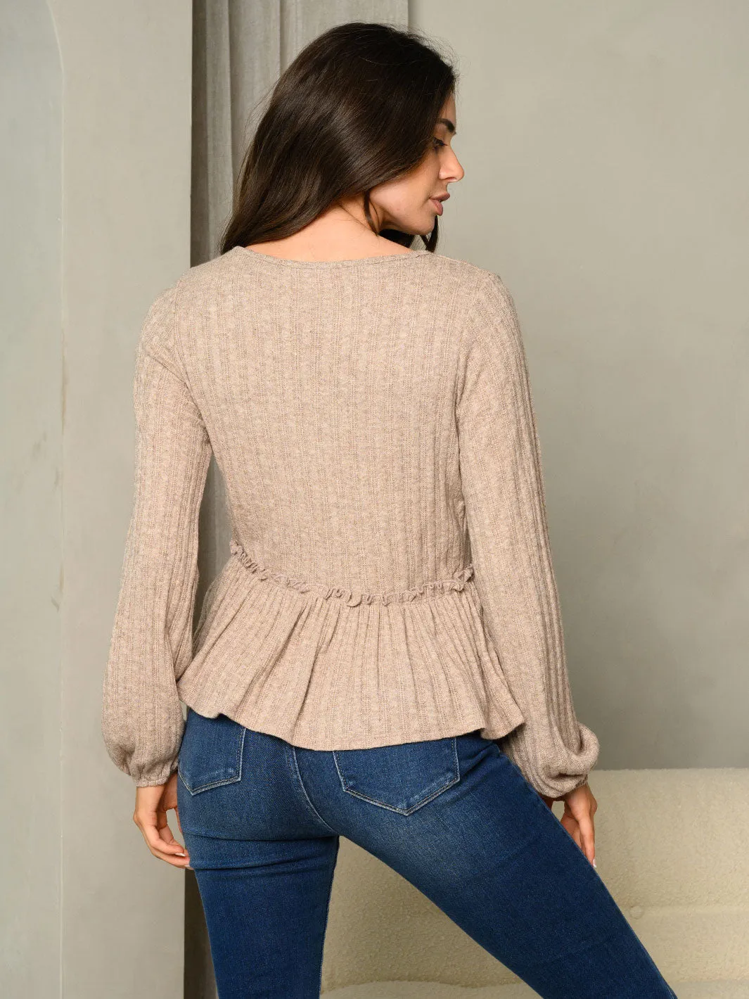 WOMEN'S LONG SLEEVE FRONT TIE PEPLUM TOP