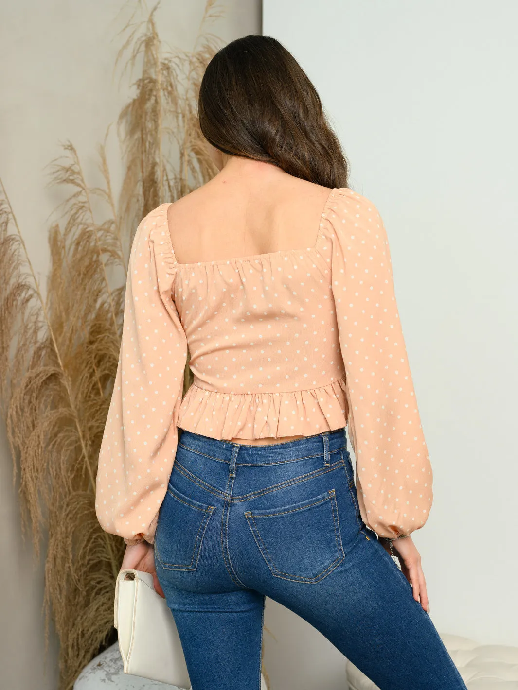 WOMEN'S LONG SLEEVE FRONT TIE POLKA DOT CROP TOP