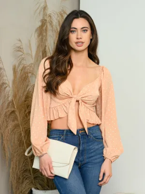 WOMEN'S LONG SLEEVE FRONT TIE POLKA DOT CROP TOP