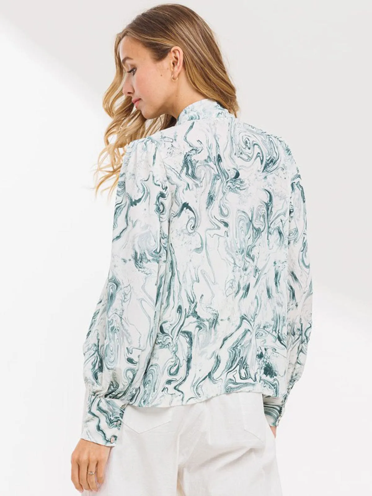 WOMEN'S LONG SLEEVE FRONT TIE PRINT BLOUSE TOP