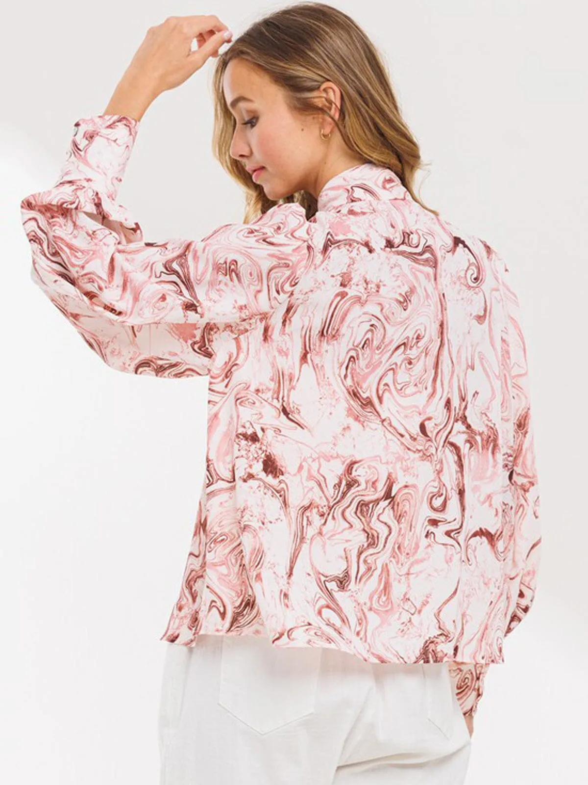 WOMEN'S LONG SLEEVE FRONT TIE PRINT BLOUSE TOP