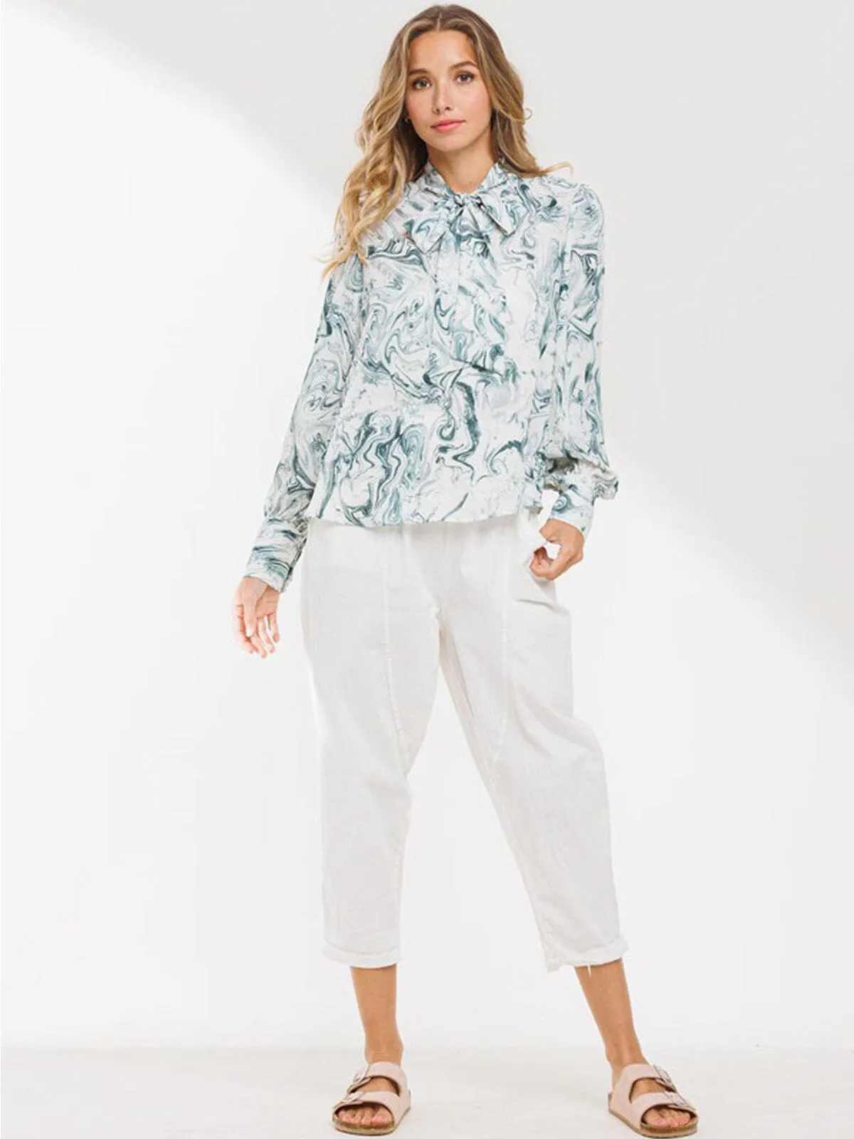 WOMEN'S LONG SLEEVE FRONT TIE PRINT BLOUSE TOP