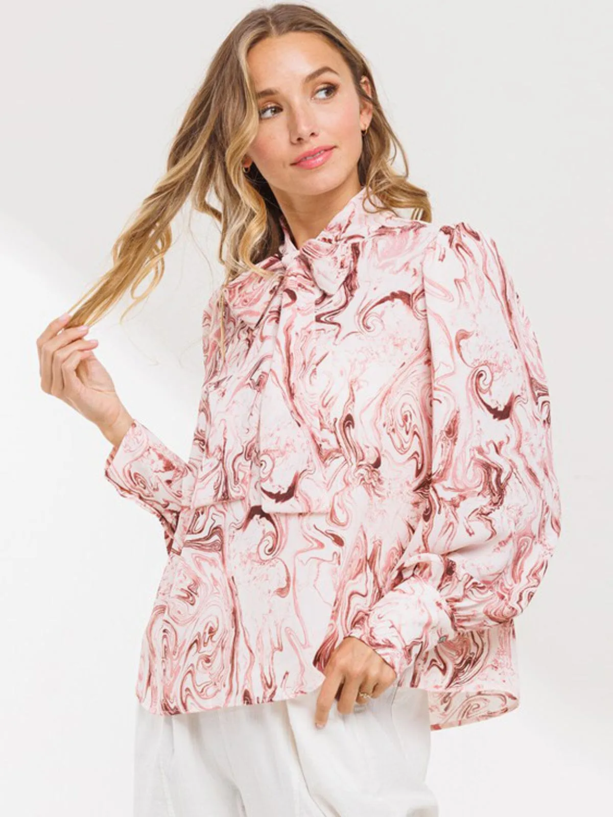 WOMEN'S LONG SLEEVE FRONT TIE PRINT BLOUSE TOP