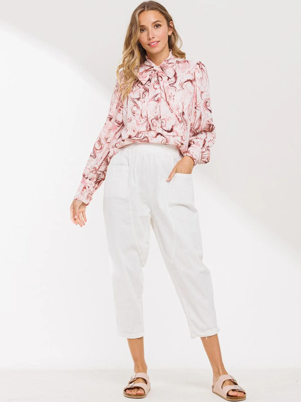 WOMEN'S LONG SLEEVE FRONT TIE PRINT BLOUSE TOP