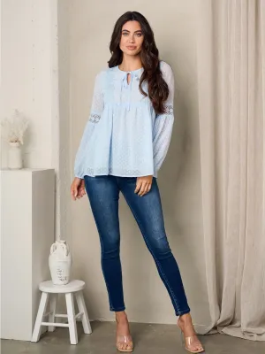 WOMEN'S LONG SLEEVE FRONT TIE SWISS DOTS TUNIC BLOUSE TOP